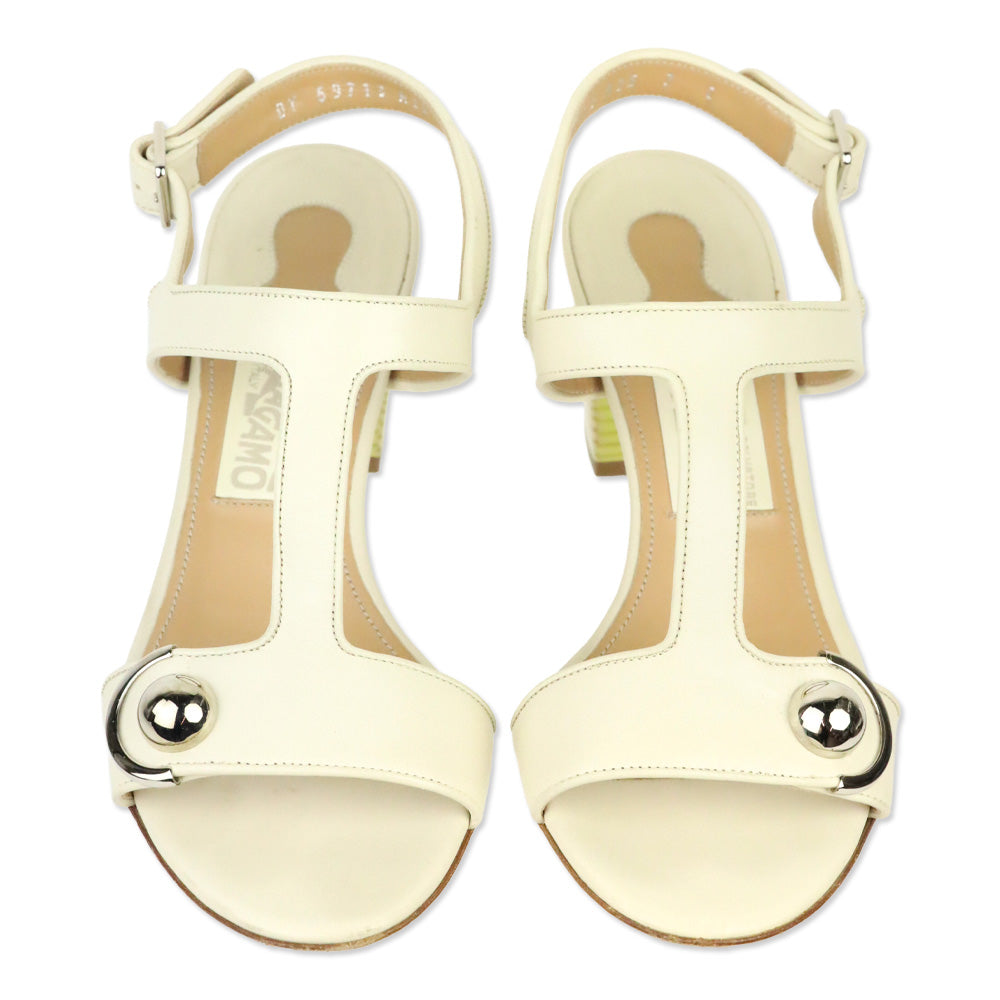 Salvatore Ferragamo Cream Leather T-Strap Sandal