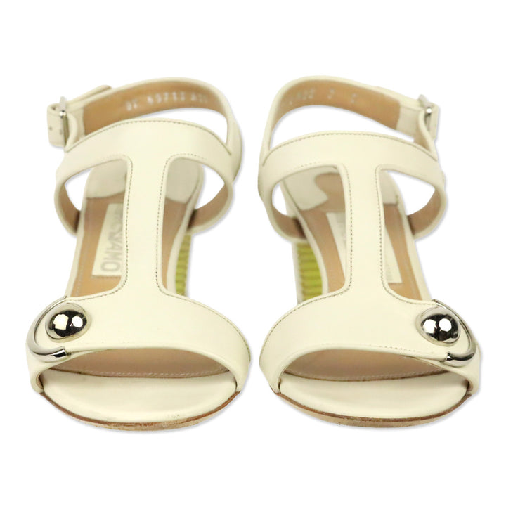 Salvatore Ferragamo Cream Leather T-Strap Sandal