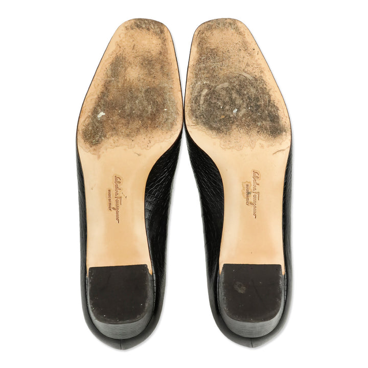 Salvatore Ferragamo Croc Embossed Brown Leather Pumps