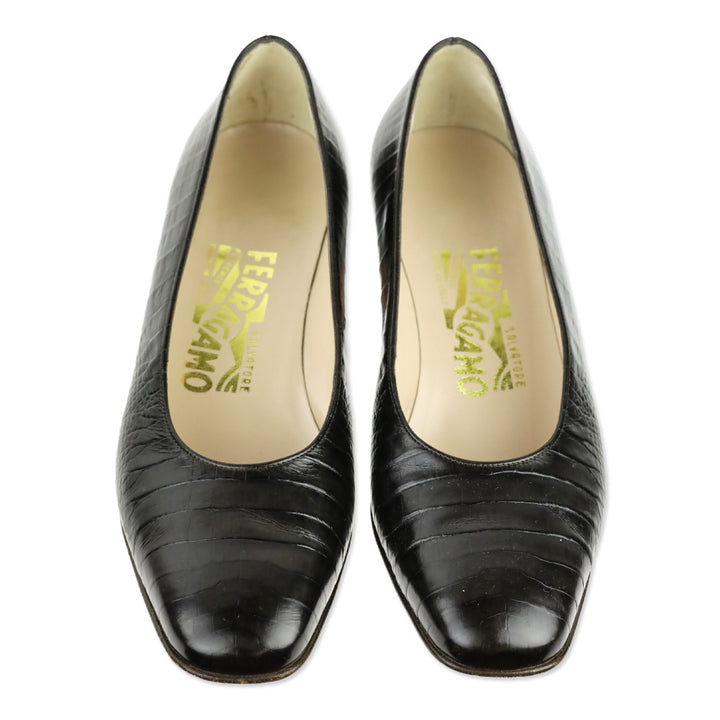 Salvatore Ferragamo Croc Embossed Brown Leather Pumps