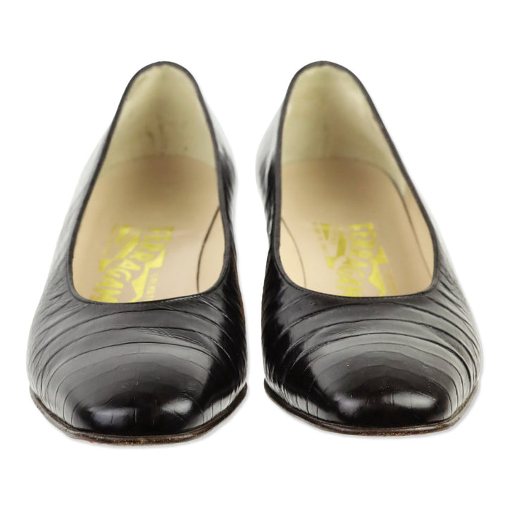 Salvatore Ferragamo Croc Embossed Brown Leather Pumps