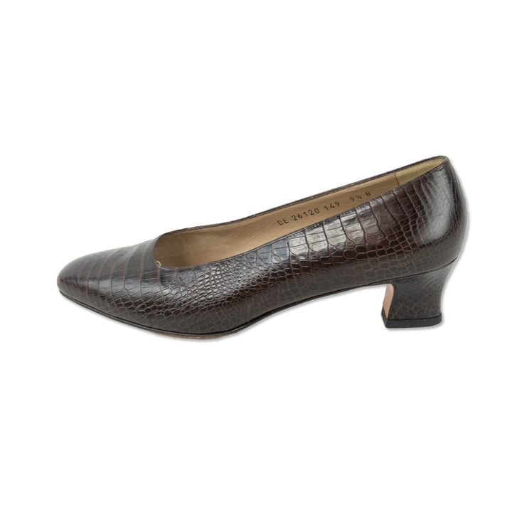 Salvatore Ferragamo Croc Embossed Brown Leather Pumps