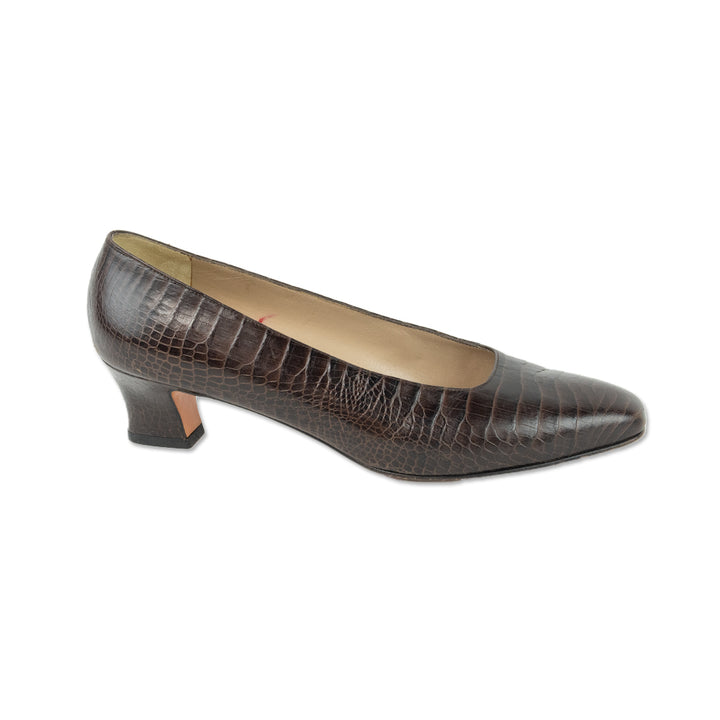 Salvatore Ferragamo Croc Embossed Brown Leather Pumps