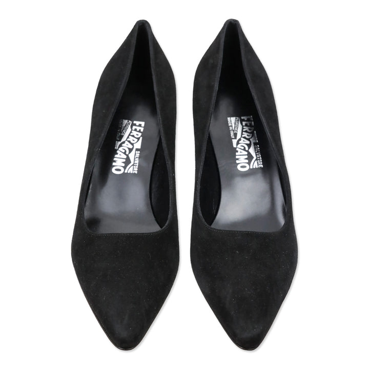Salvatore Ferragamo Desideria Black Suede Pointed Toe Kitten Pump