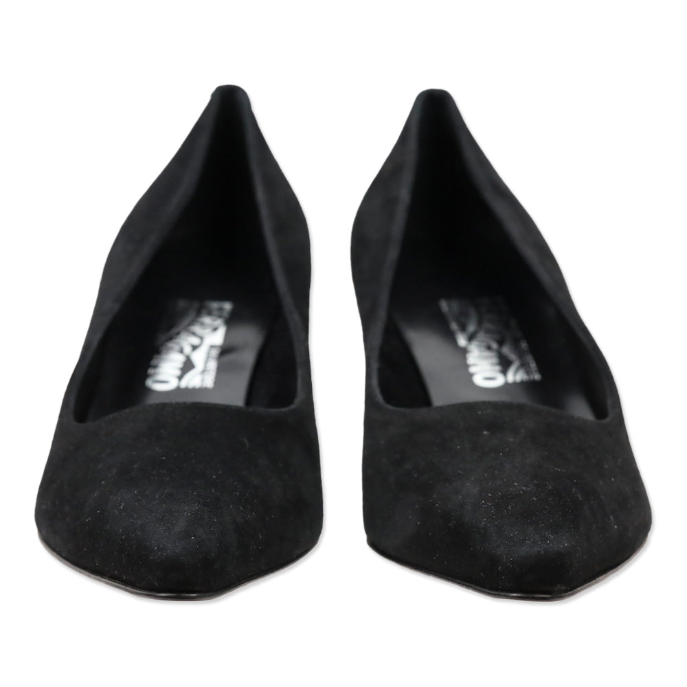 Salvatore Ferragamo Desideria Black Suede Pointed Toe Kitten Pump