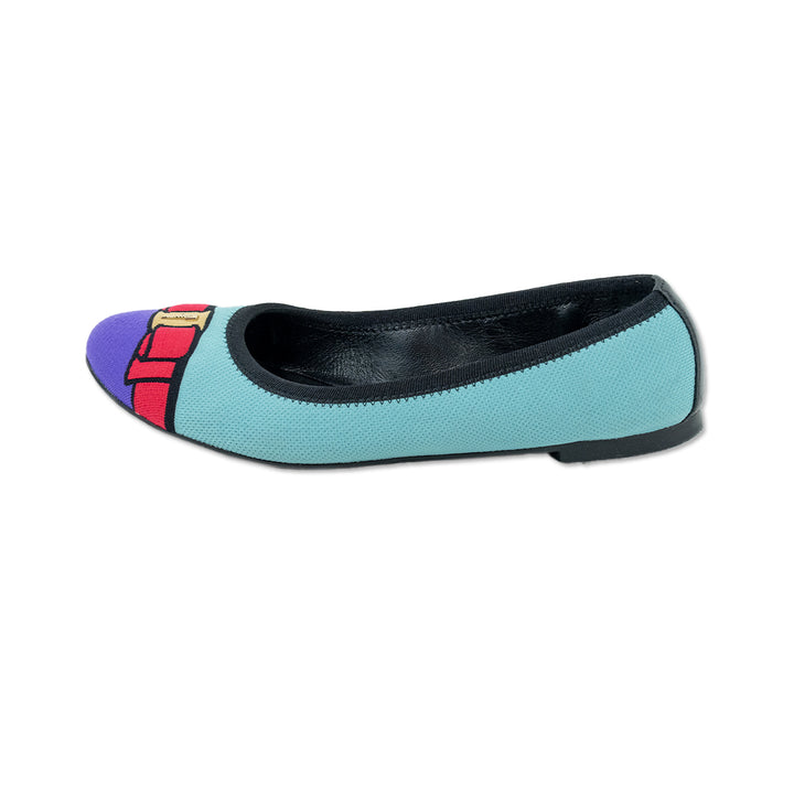 Salvatore Ferragamo Teal Fabric Ballet Flats with Purple Cap Toe