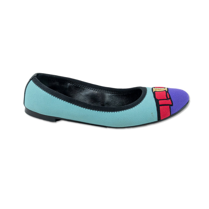 Salvatore Ferragamo Teal Fabric Ballet Flats with Purple Cap Toe