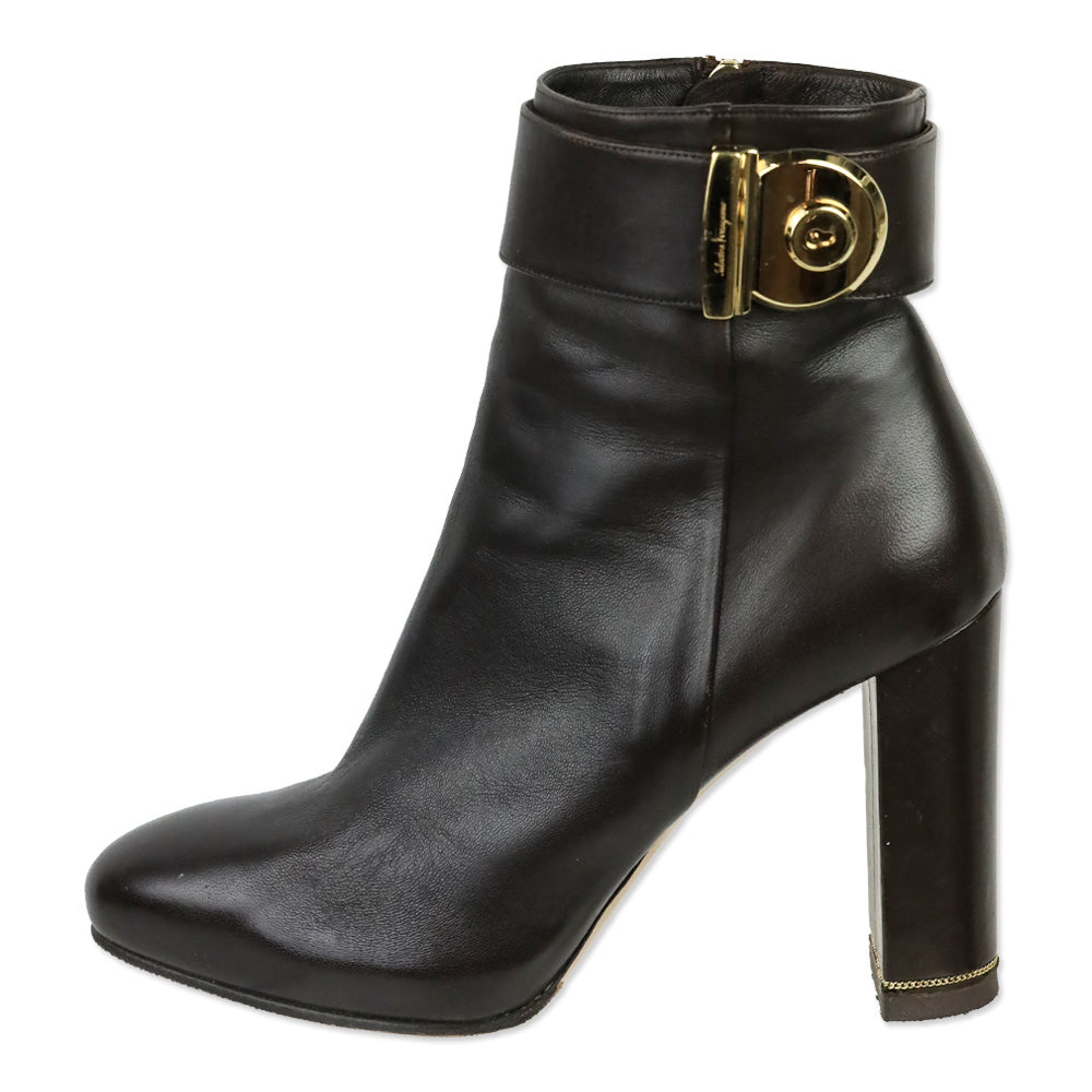 Salvatore Ferragamo Fiamma Dark Brown Leather Gold Gancini Buckle Boots