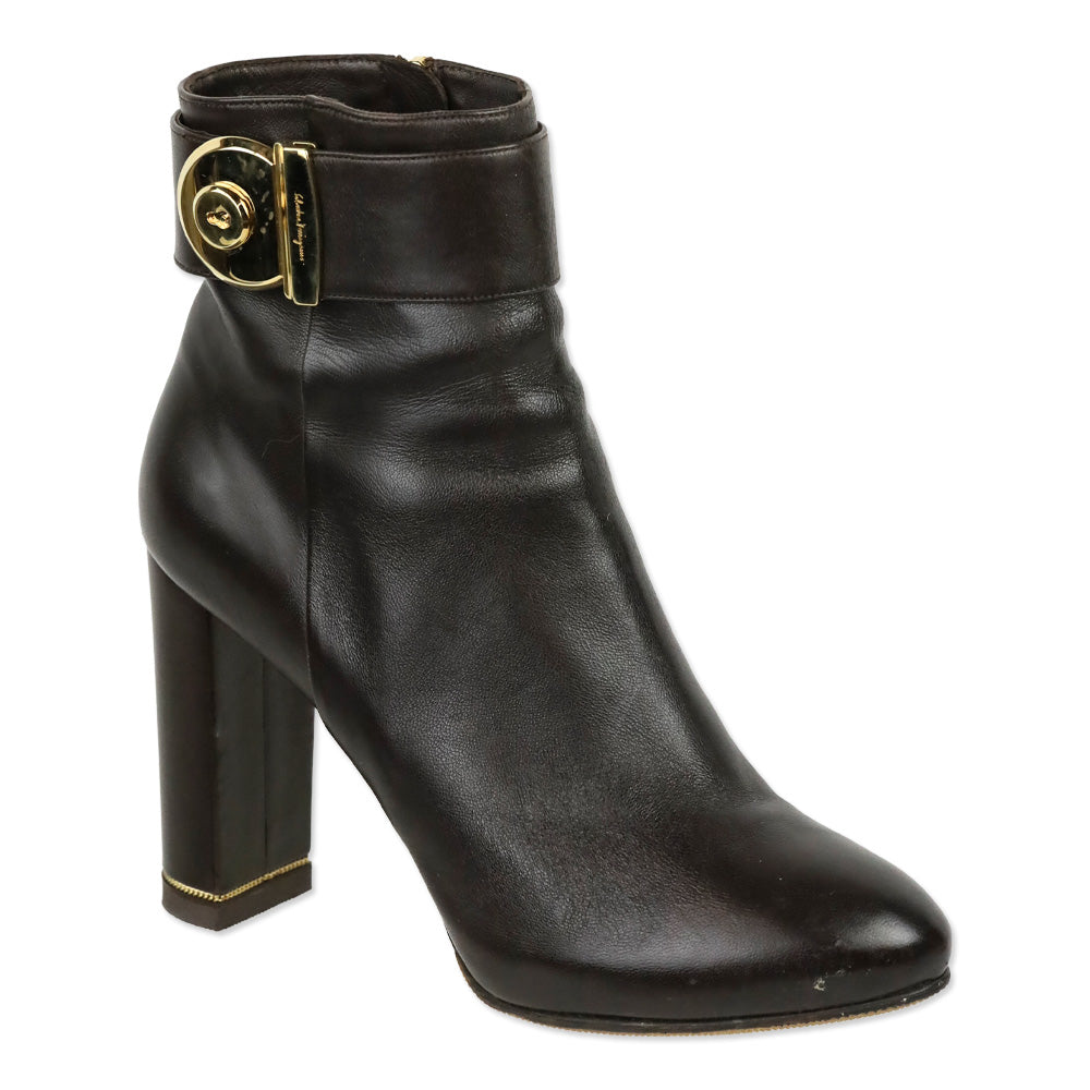 Salvatore Ferragamo Fiamma Dark Brown Leather Gold Gancini Buckle Boots