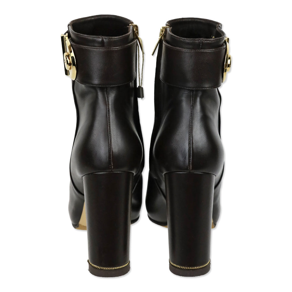 Salvatore Ferragamo Fiamma Dark Brown Leather Gold Gancini Buckle Boots