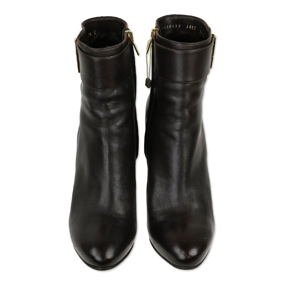Salvatore Ferragamo Fiamma Dark Brown Leather Gold Gancini Buckle Boots