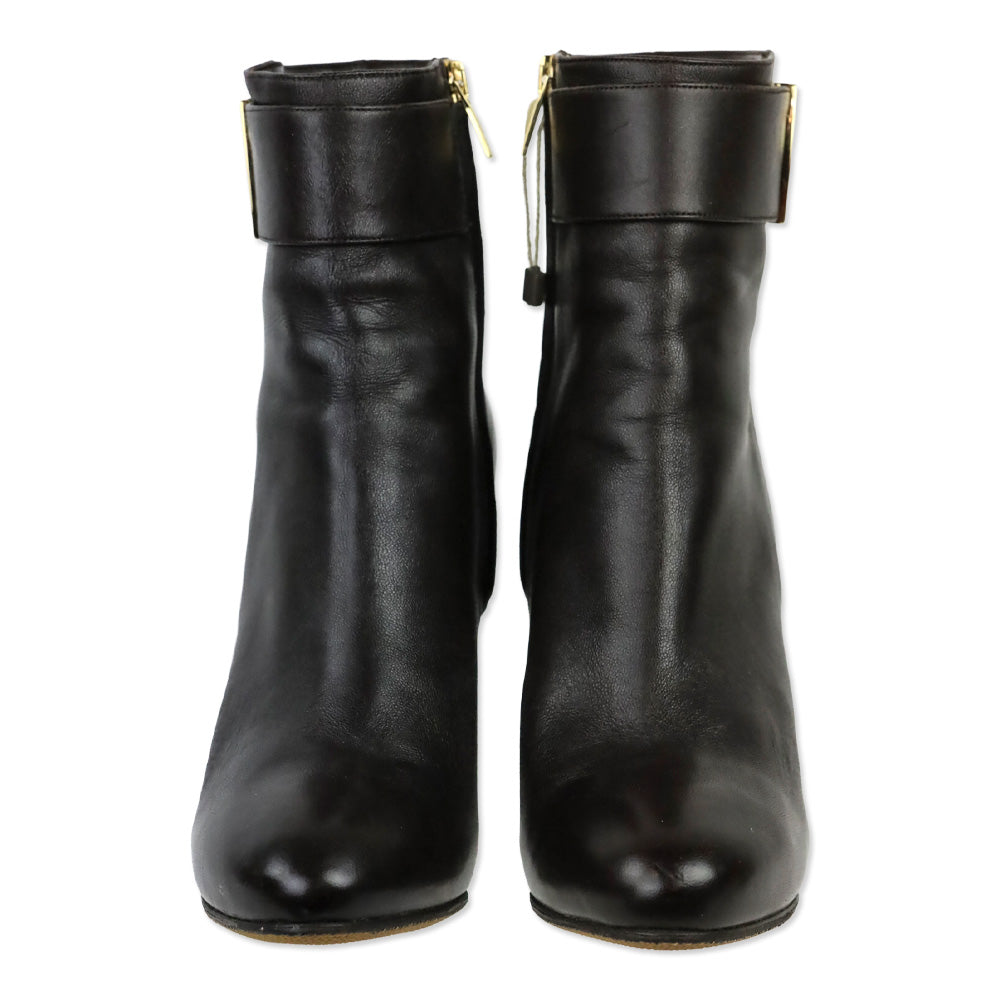 Salvatore Ferragamo Fiamma Dark Brown Leather Gold Gancini Buckle Boots