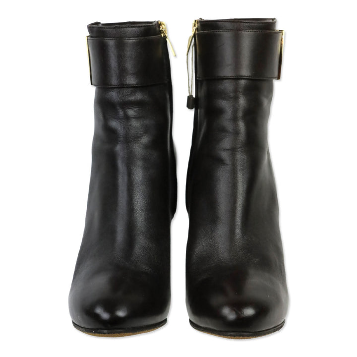 Salvatore Ferragamo Fiamma Dark Brown Leather Gold Gancini Buckle Boots