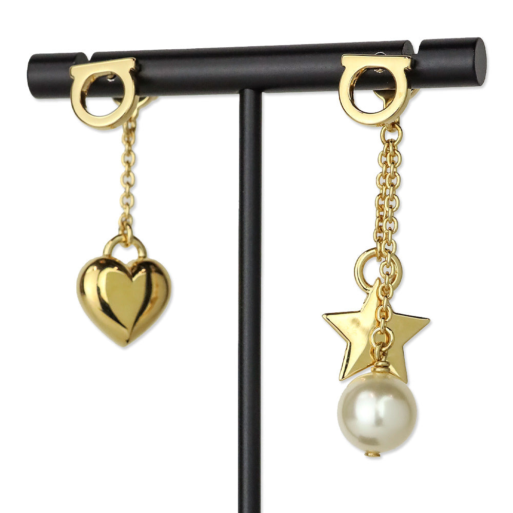 Salvatore Ferragamo Gold Faux Pearl Heart Charm Gancini Drop Earrings