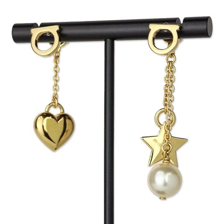 Salvatore Ferragamo Gold Faux Pearl Heart Charm Gancini Drop Earrings