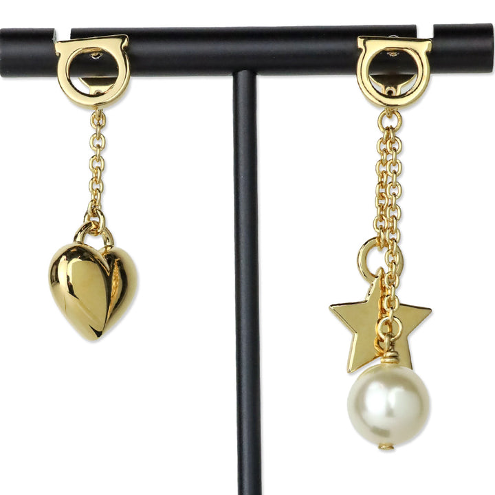Salvatore Ferragamo Gold Faux Pearl Heart Charm Gancini Drop Earrings