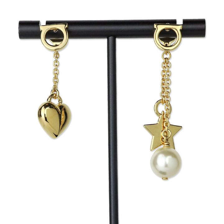 Salvatore Ferragamo Gold Faux Pearl Heart Charm Gancini Drop Earrings