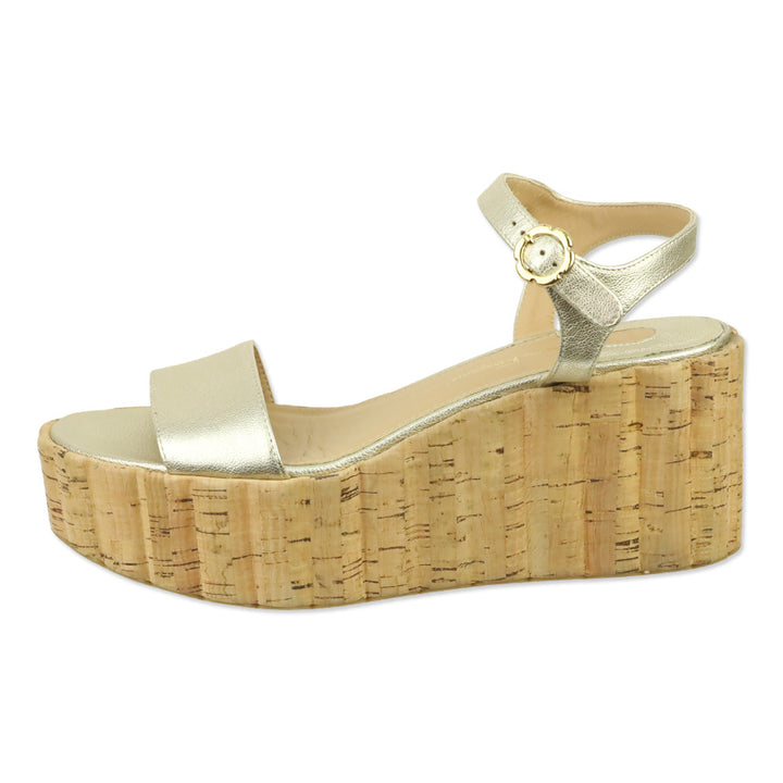 Salvatore Ferragamo Gold Metallic Leather Scalloped Cork Wedge Tropea Sandal