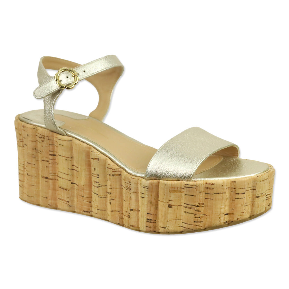 Salvatore Ferragamo Gold Metallic Leather Scalloped Cork Wedge Tropea Sandal