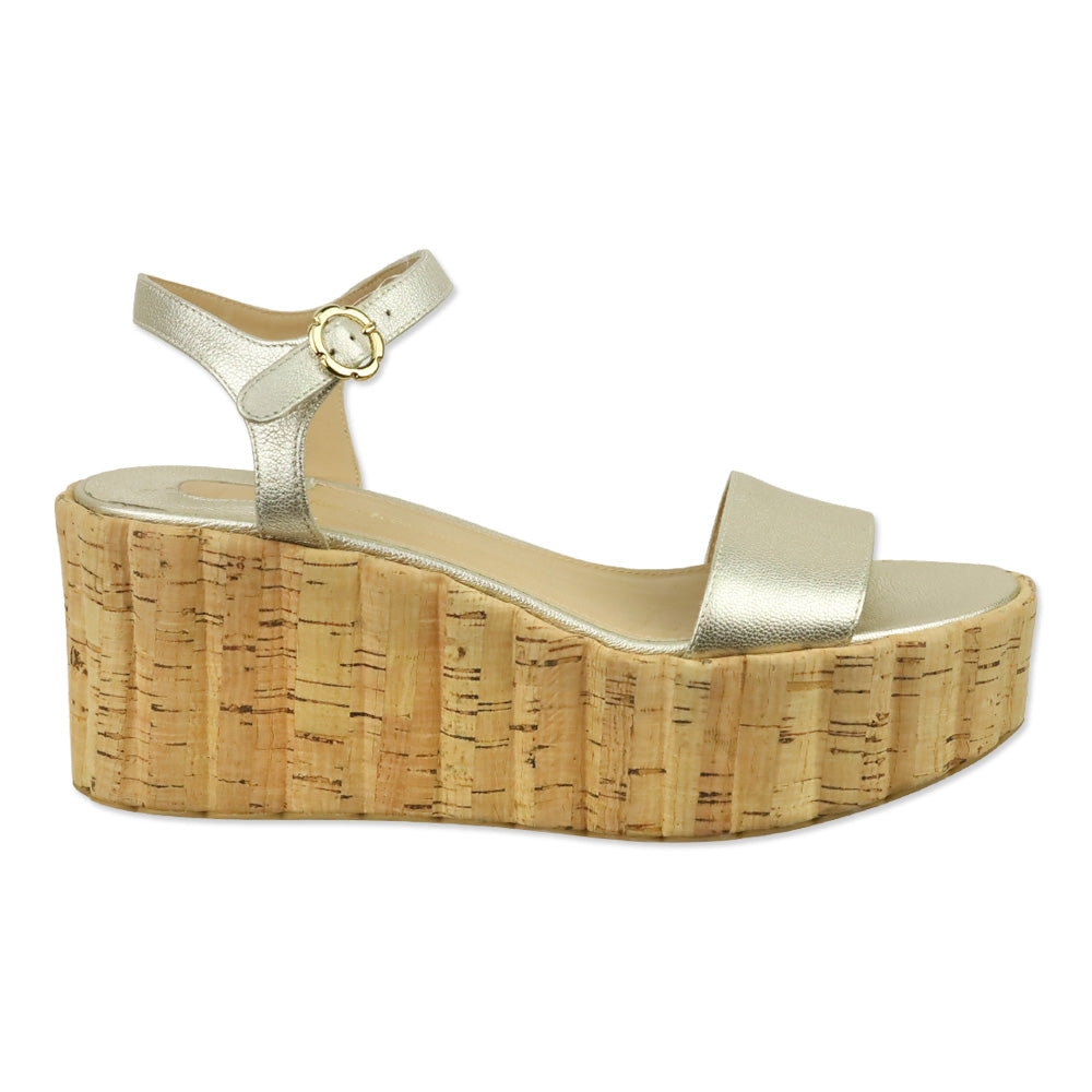Salvatore Ferragamo Gold Metallic Leather Scalloped Cork Wedge Tropea Sandal