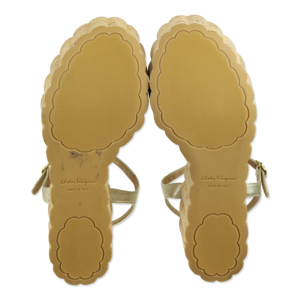 Salvatore Ferragamo Gold Metallic Leather Scalloped Cork Wedge Tropea Sandal