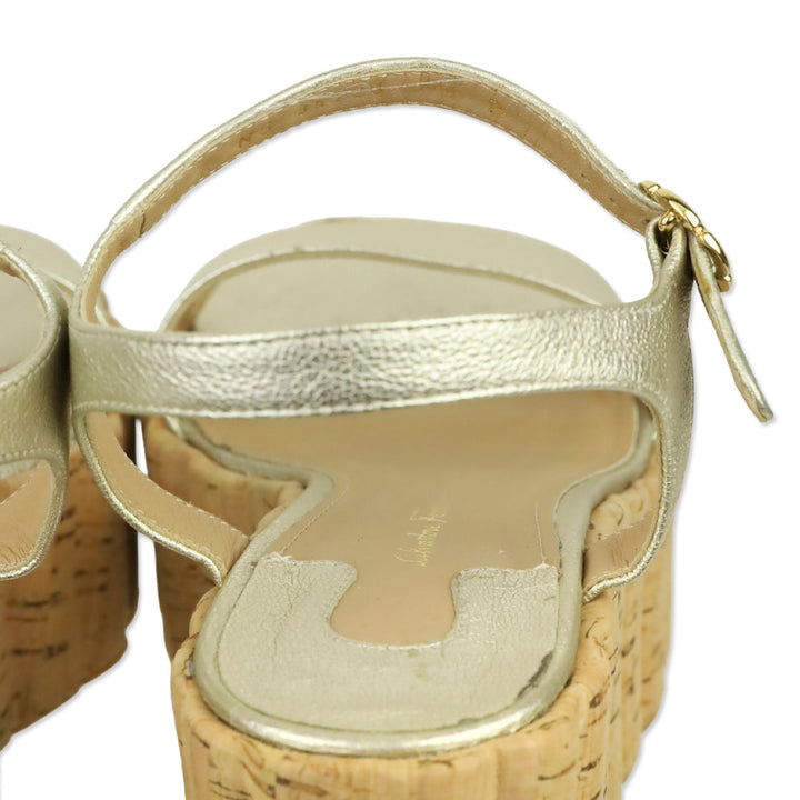 Salvatore Ferragamo Gold Metallic Leather Scalloped Cork Wedge Tropea Sandal