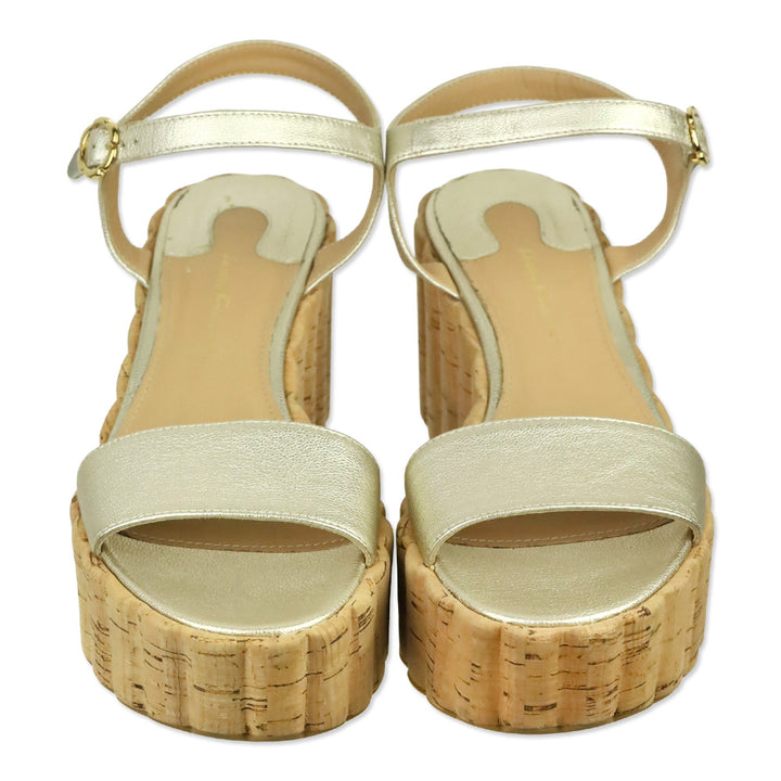 Salvatore Ferragamo Gold Metallic Leather Scalloped Cork Wedge Tropea Sandal