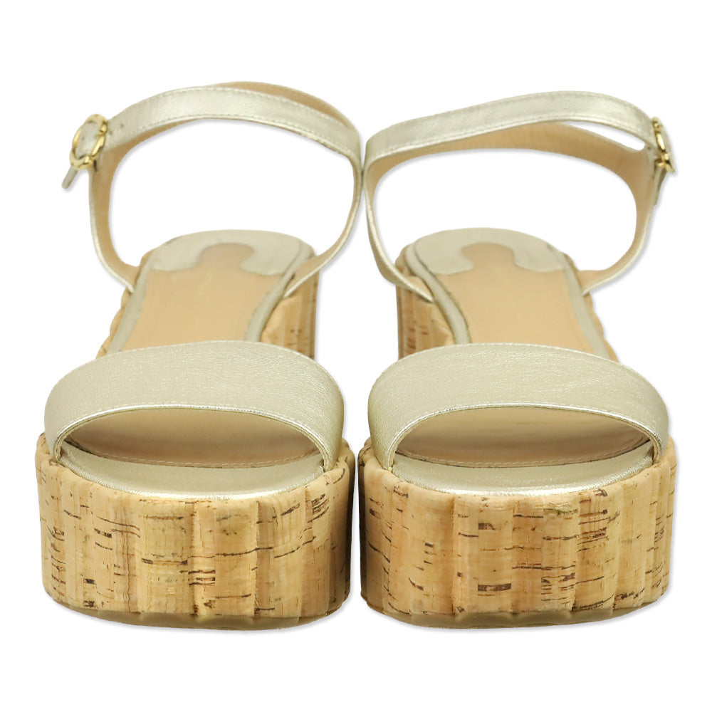 Salvatore Ferragamo Gold Metallic Leather Scalloped Cork Wedge Tropea Sandal