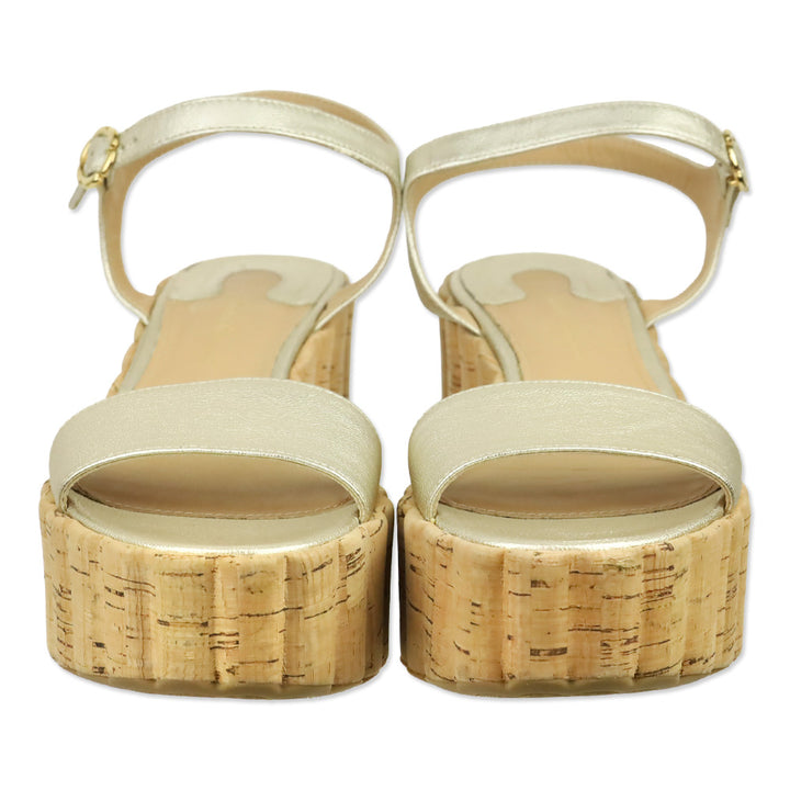 Salvatore Ferragamo Gold Metallic Leather Scalloped Cork Wedge Tropea Sandal