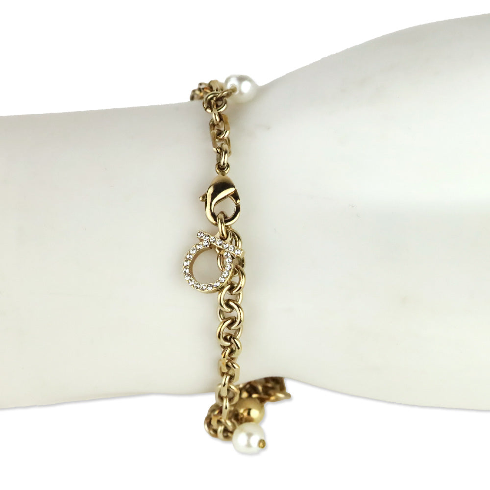 Salvatore Ferragamo Gold Tone Faux Pearl Crystal Gancini Chram Bracelet