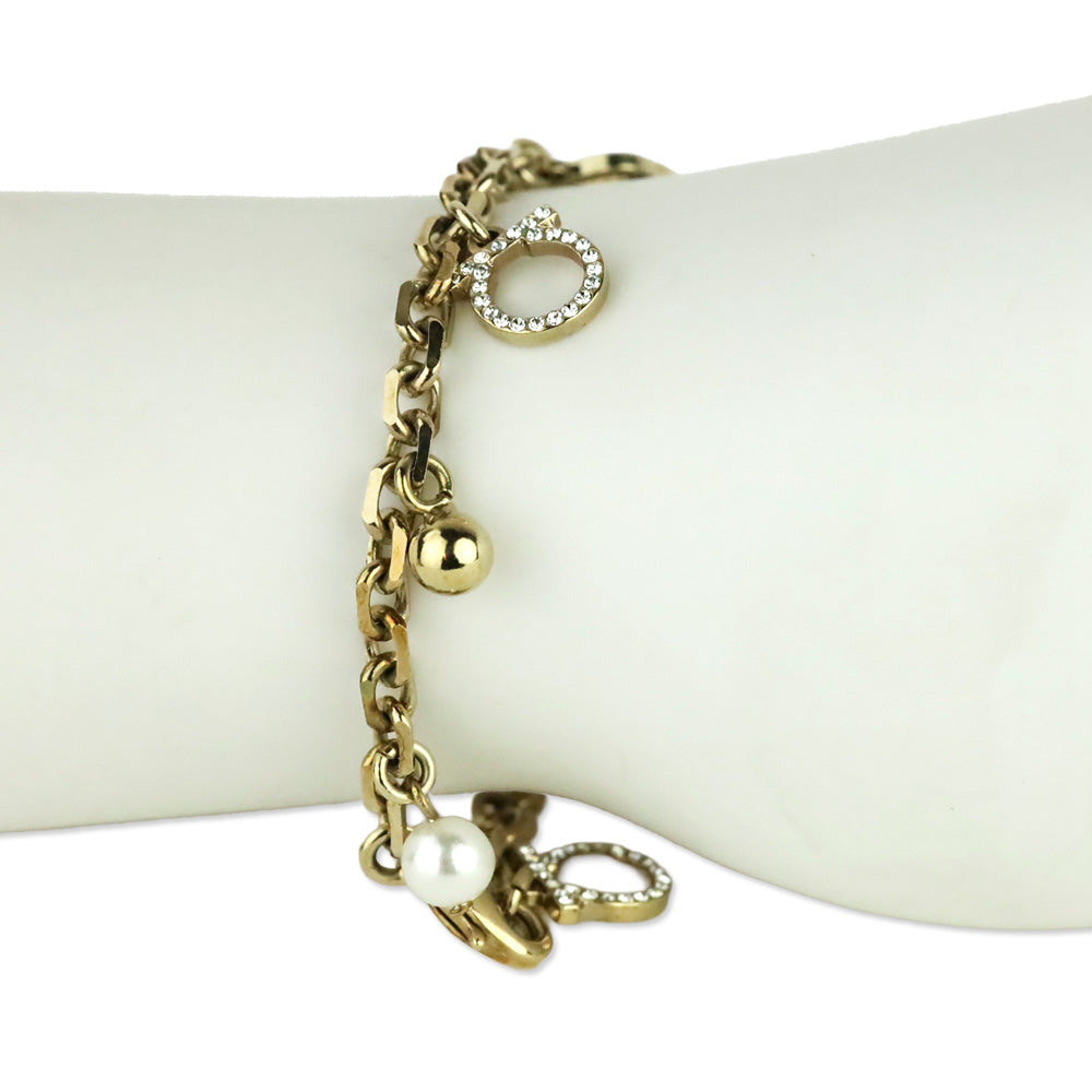 Salvatore Ferragamo Gold Tone Faux Pearl Crystal Gancini Chram Bracelet