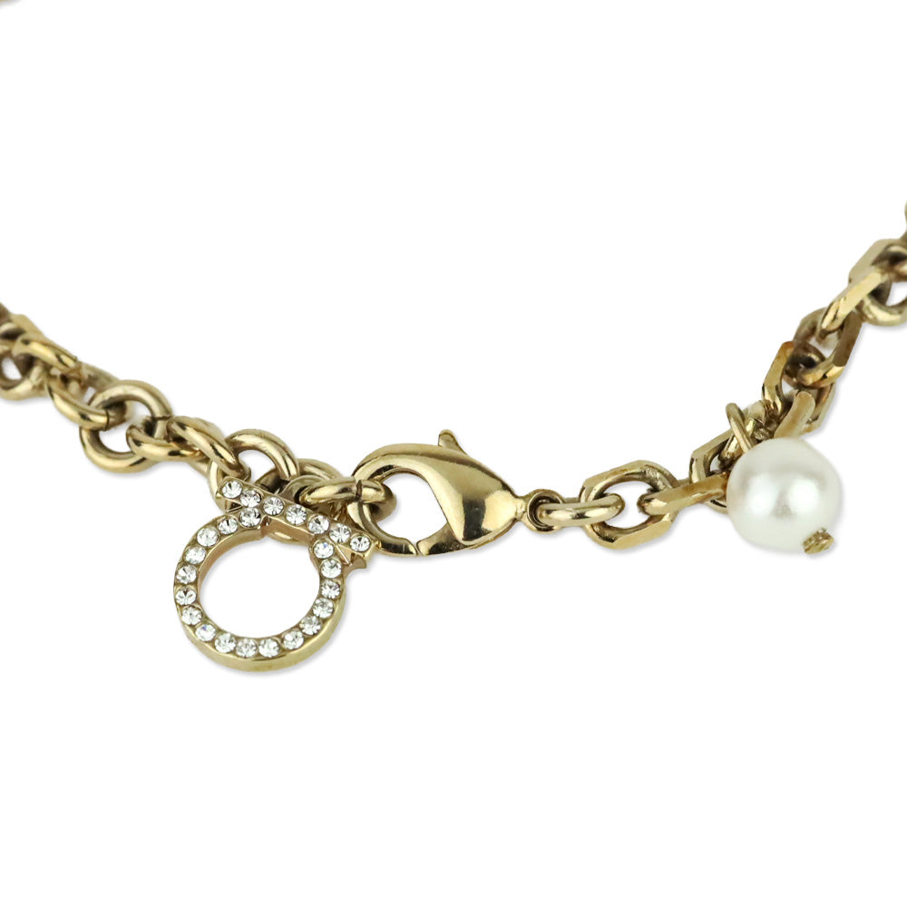 Salvatore Ferragamo Gold Tone Faux Pearl Crystal Gancini Chram Bracelet