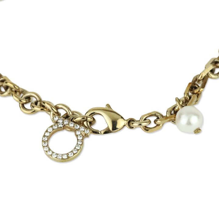 Salvatore Ferragamo Gold Tone Faux Pearl Crystal Gancini Chram Bracelet