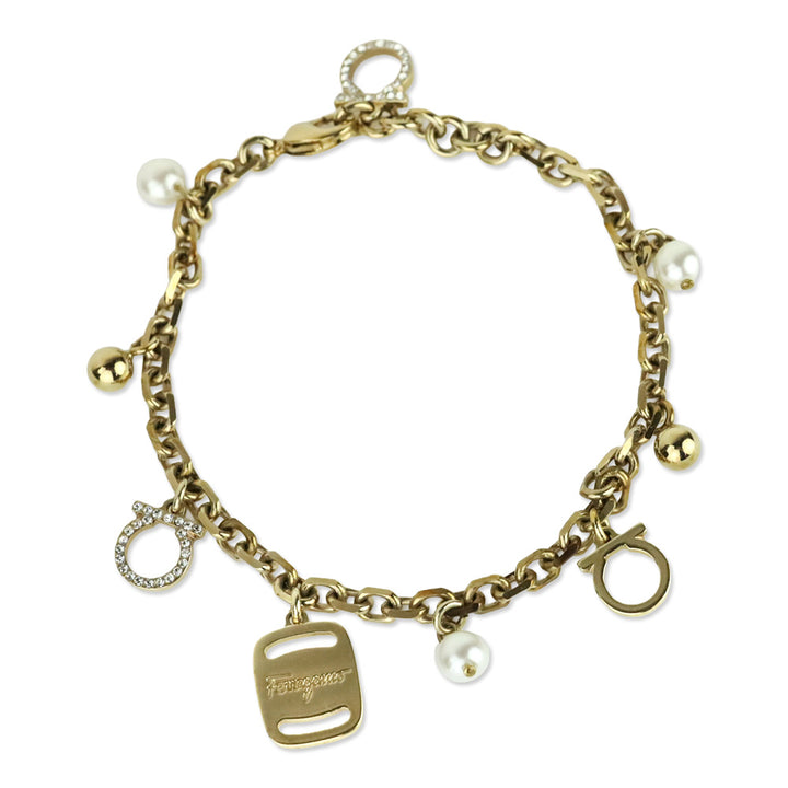 Salvatore Ferragamo Gold Tone Faux Pearl Crystal Gancini Chram Bracelet