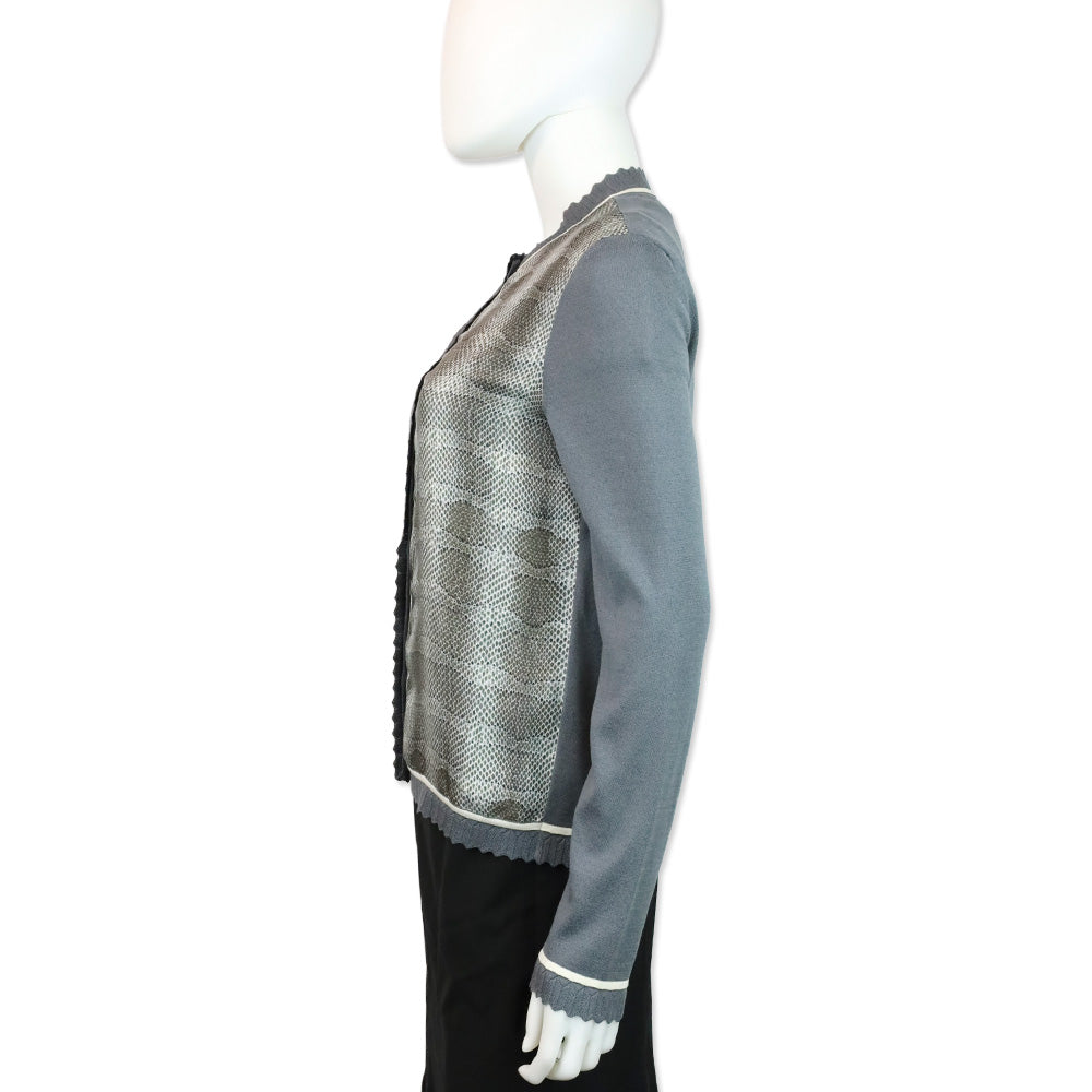 Salvatore Ferragamo Grey Knit Scalloped Trim Cardigan with Python Print Silk Panel Detail