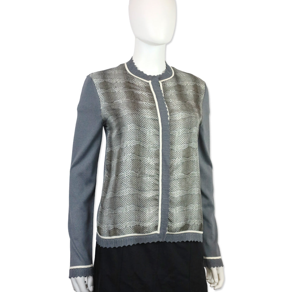 Salvatore Ferragamo Grey Knit Scalloped Trim Cardigan with Python Print Silk Panel Detail