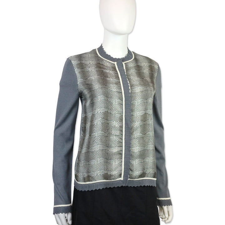 Salvatore Ferragamo Grey Knit Scalloped Trim Cardigan with Python Print Silk Panel Detail