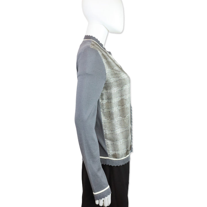 Salvatore Ferragamo Grey Knit Scalloped Trim Cardigan with Python Print Silk Panel Detail
