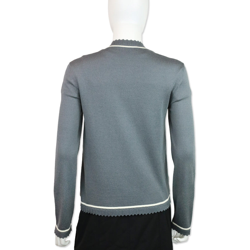 Salvatore Ferragamo Grey Knit Scalloped Trim Cardigan with Python Print Silk Panel Detail