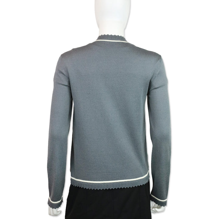Salvatore Ferragamo Grey Knit Scalloped Trim Cardigan with Python Print Silk Panel Detail