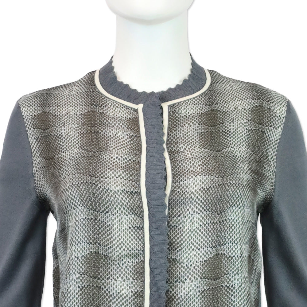 Salvatore Ferragamo Grey Knit Scalloped Trim Cardigan with Python Print Silk Panel Detail