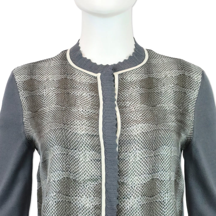 Salvatore Ferragamo Grey Knit Scalloped Trim Cardigan with Python Print Silk Panel Detail