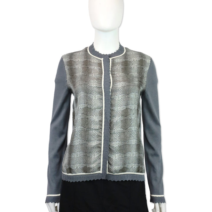 Salvatore Ferragamo Grey Knit Scalloped Trim Cardigan with Python Print Silk Panel Detail