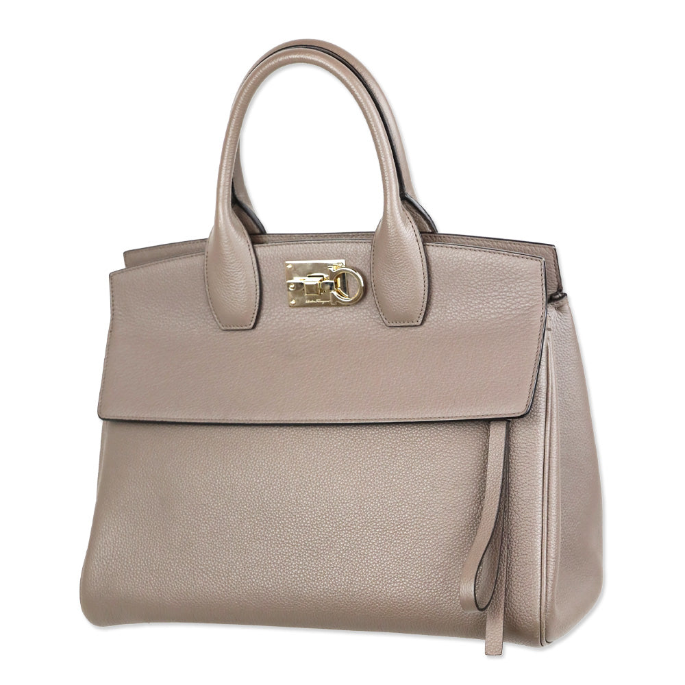 Salvatore Ferragamo Large Studio Taupe Pebbled Leather Top Handle Bag