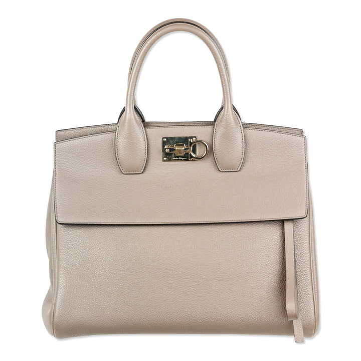 Salvatore Ferragamo Large Studio Taupe Pebbled Leather Top Handle Bag