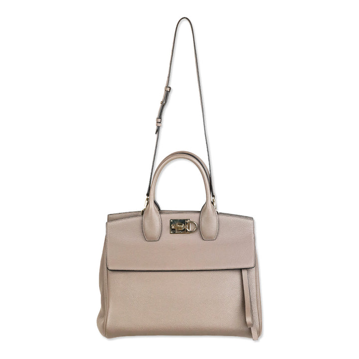 Salvatore Ferragamo Large Studio Taupe Pebbled Leather Top Handle Bag