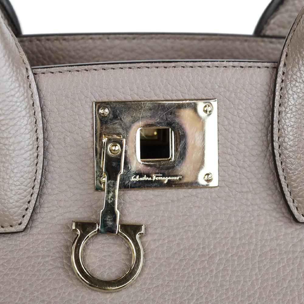 Salvatore Ferragamo Large Studio Taupe Pebbled Leather Top Handle Bag