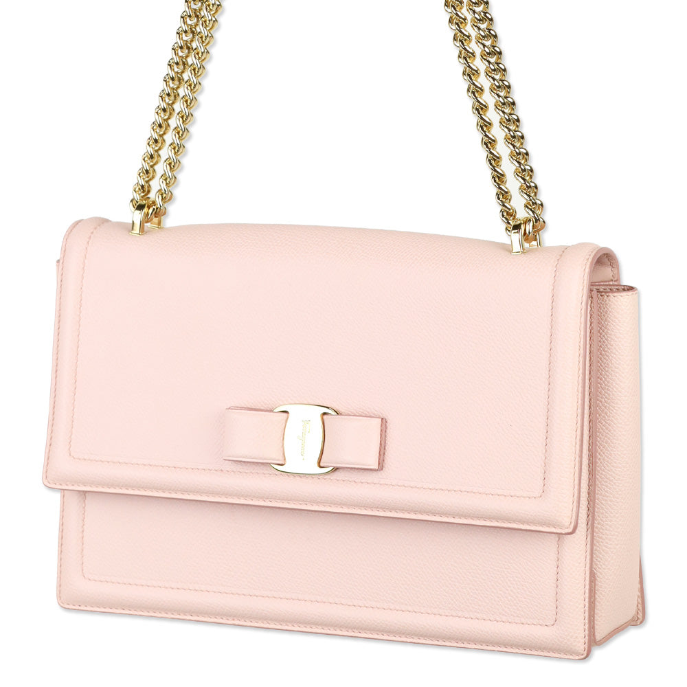 Salvatore Ferragamo Light Pink Grained Leather Vara Bow Chain Shoulder Bag