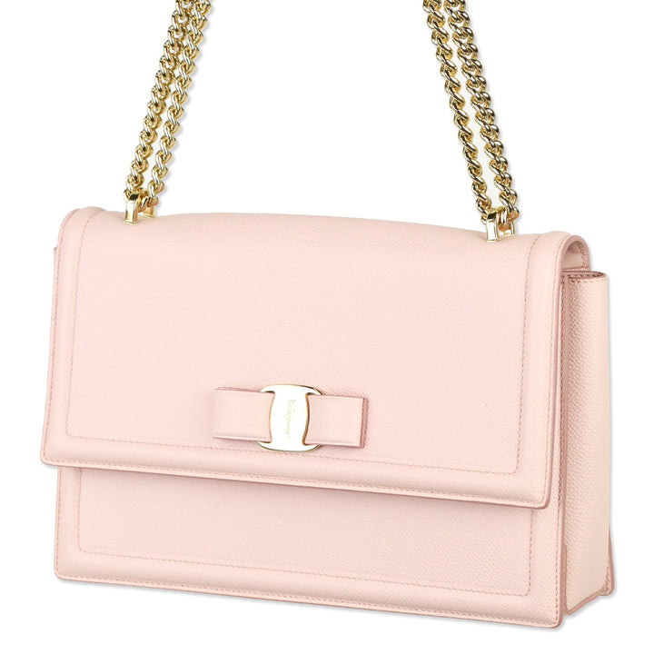 Salvatore Ferragamo Light Pink Grained Leather Vara Bow Chain Shoulder Bag