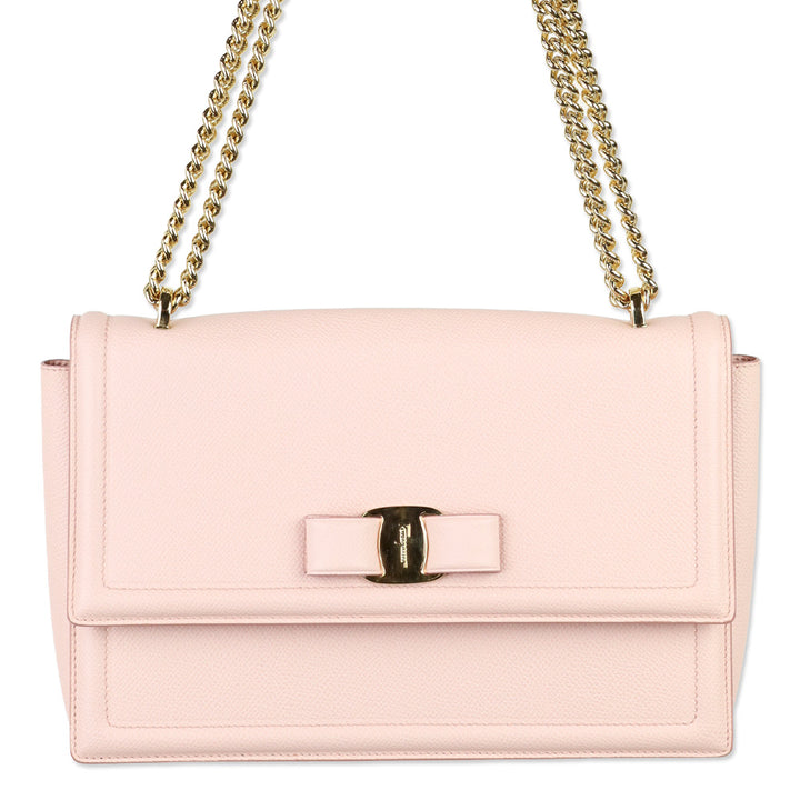 Salvatore Ferragamo Light Pink Grained Leather Vara Bow Chain Shoulder Bag